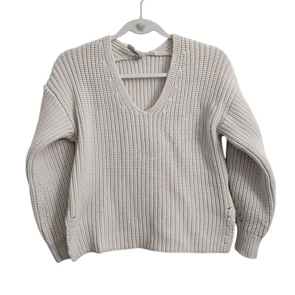 Everlane Sweater Small Ivory Chunky Texture Knit Pullover Cotton Blend V-Neck - Picture 1 of 9